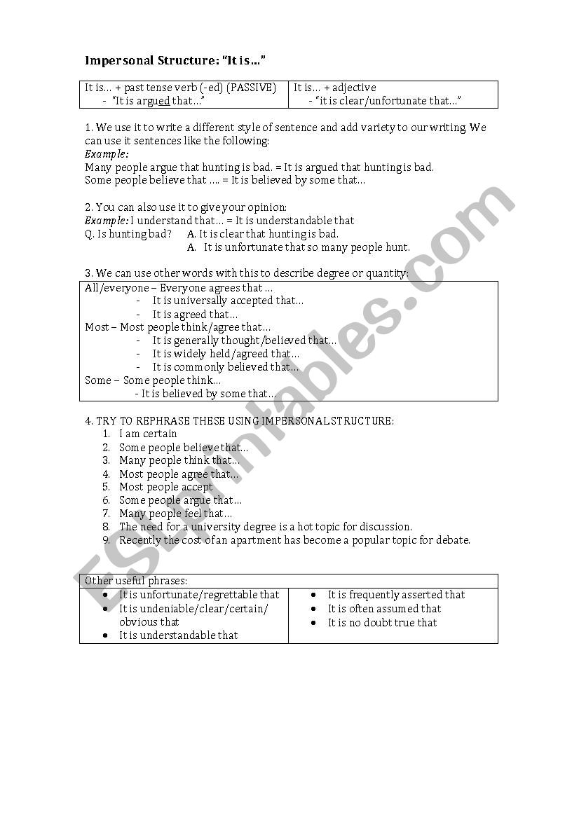 Impersonal Structure Practice worksheet
