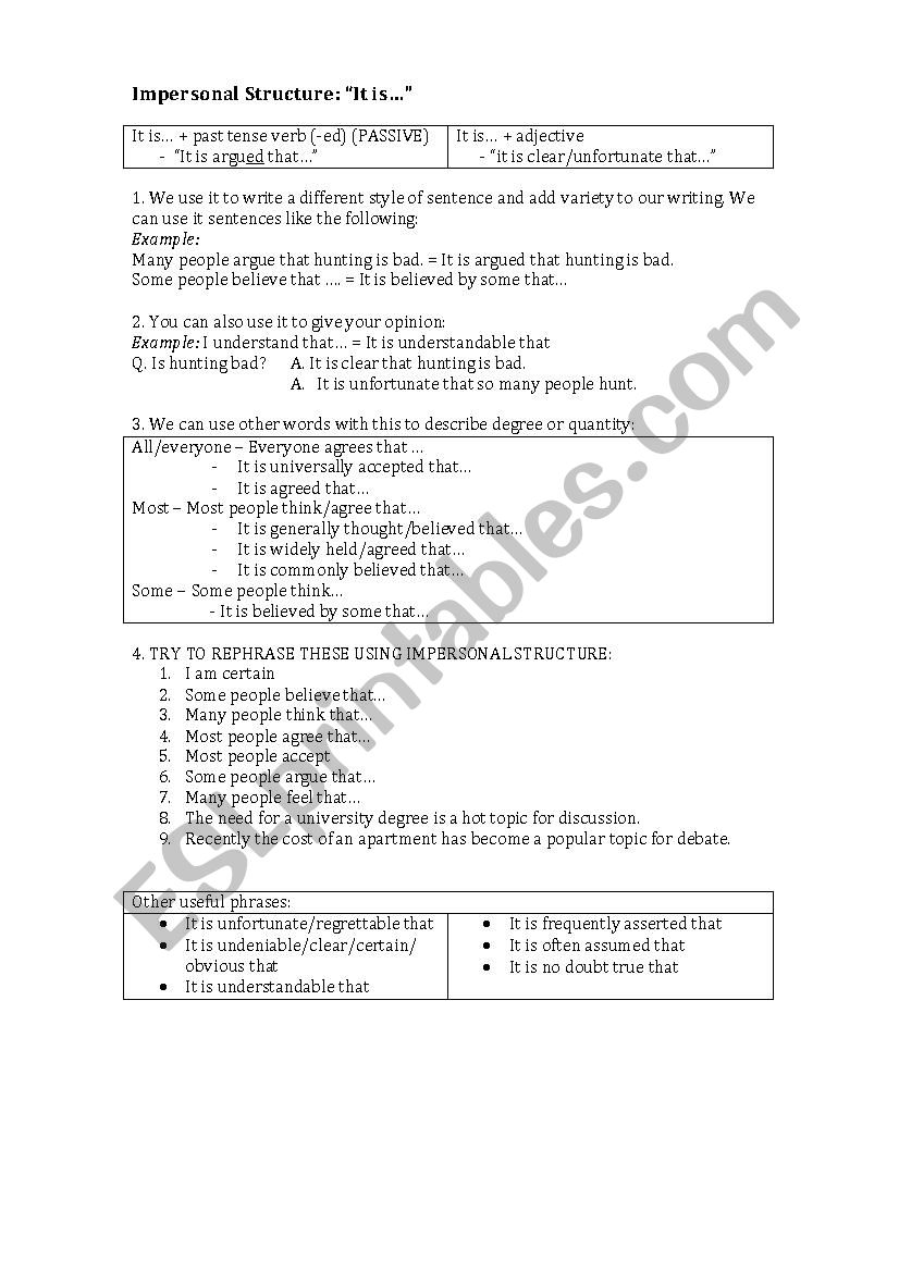 Impersonal Structure Practice worksheet