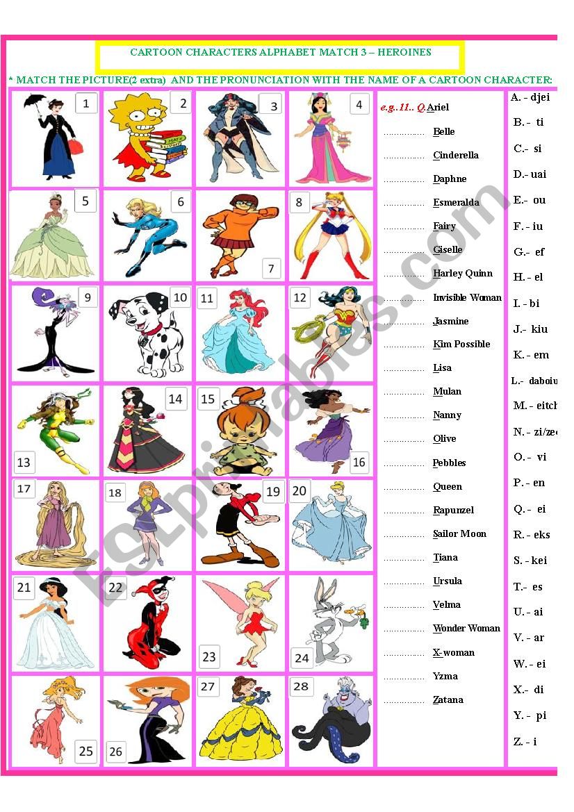 Cartoon Characters Matching Exercise -heroines 3