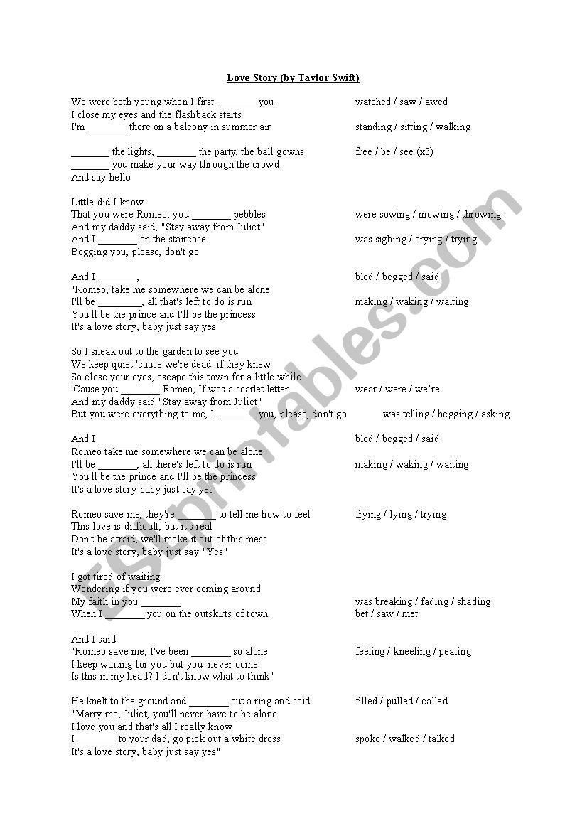 Love Story - Taylor Swift - ESL worksheet by mary_hassani