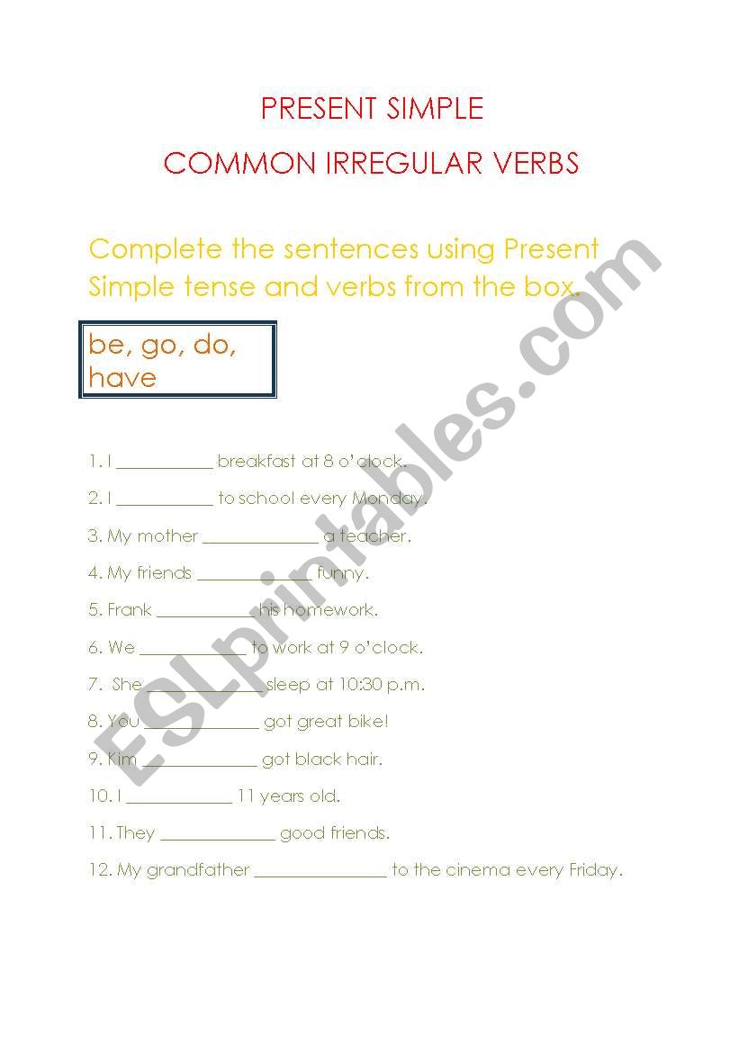 irregular verbs worksheet