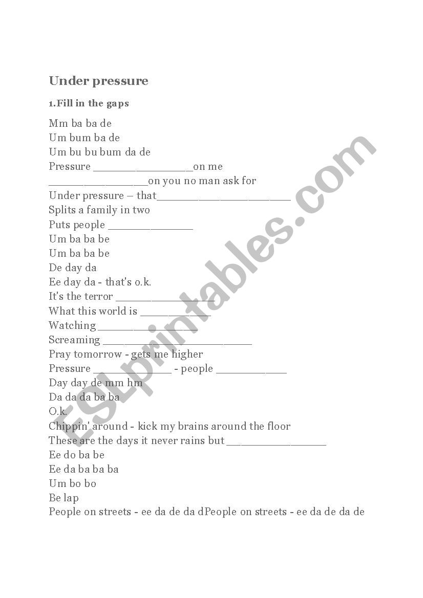 Under pressure Queen song worksheet