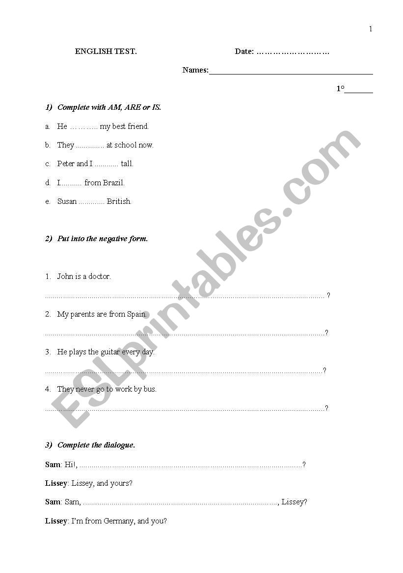 Begginers examination worksheet