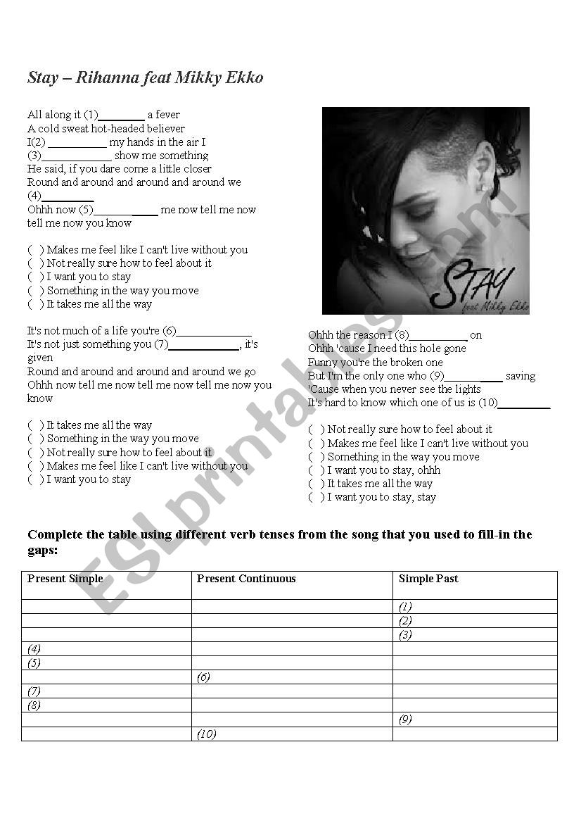 Stay - Rihanna SONG worksheet