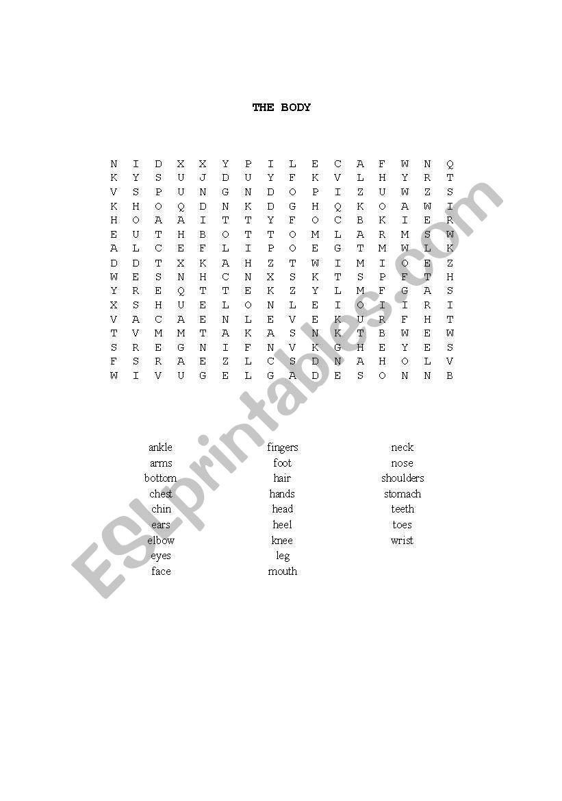 WORDSEARCH ON THE BODY worksheet