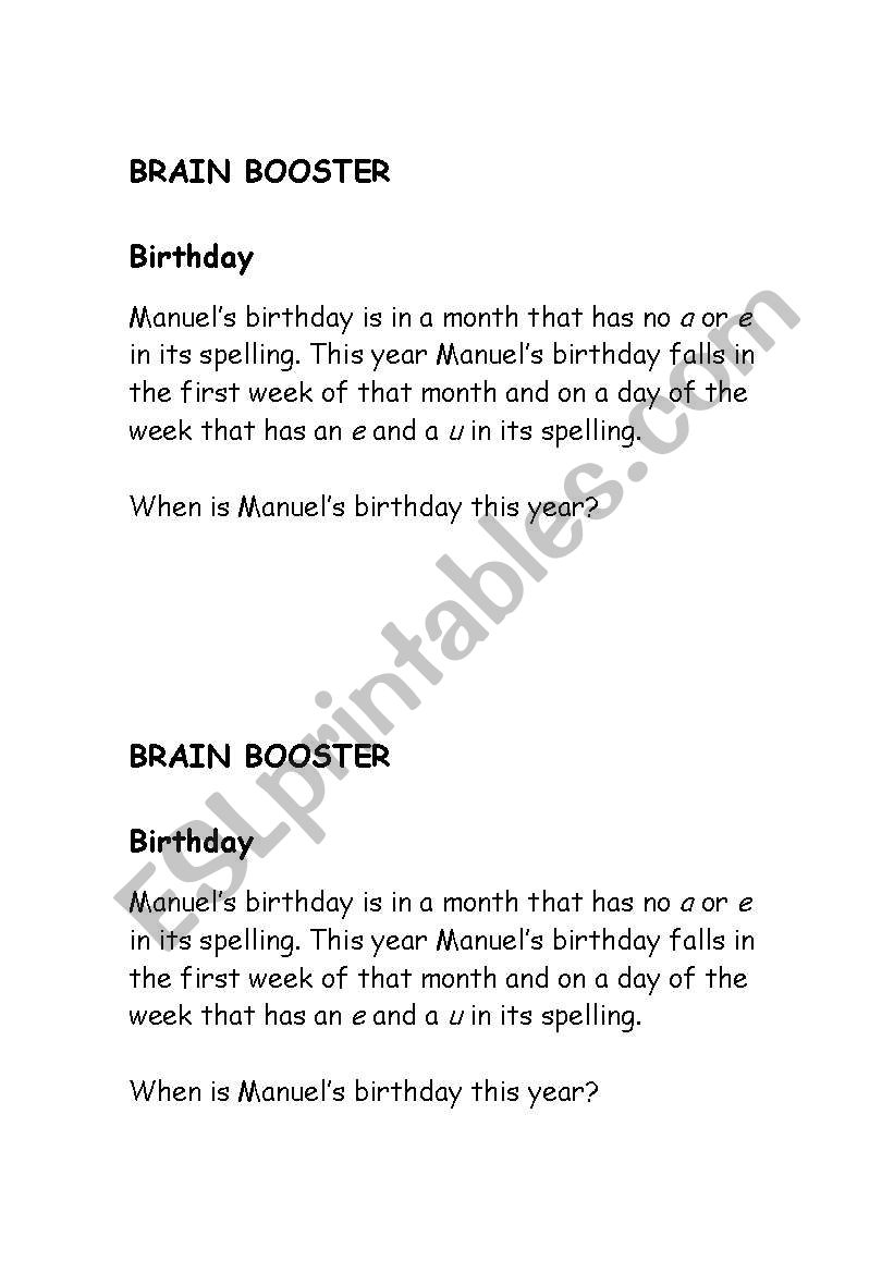 Brain booster (birthday) worksheet