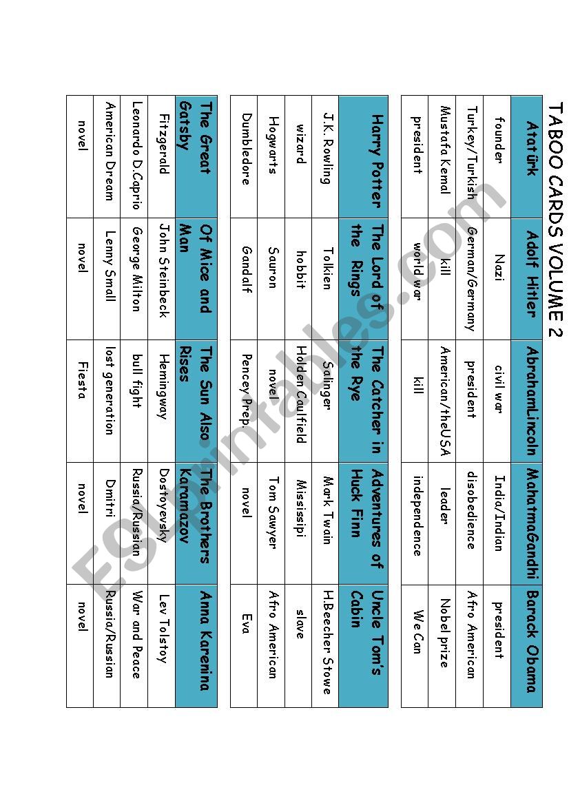 Taboo Cards Volume 2 worksheet