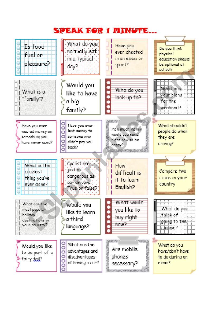 Speak for 1 min worksheet