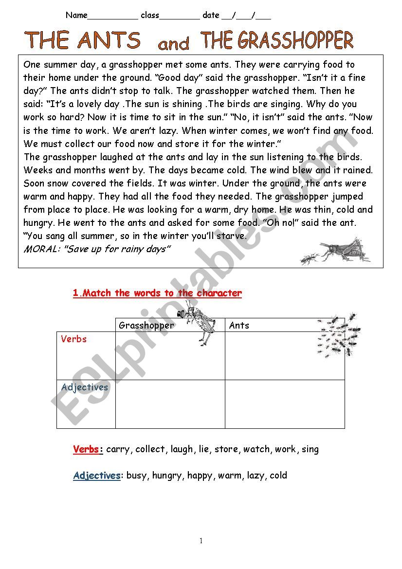 The ants and the grasshopper worksheet
