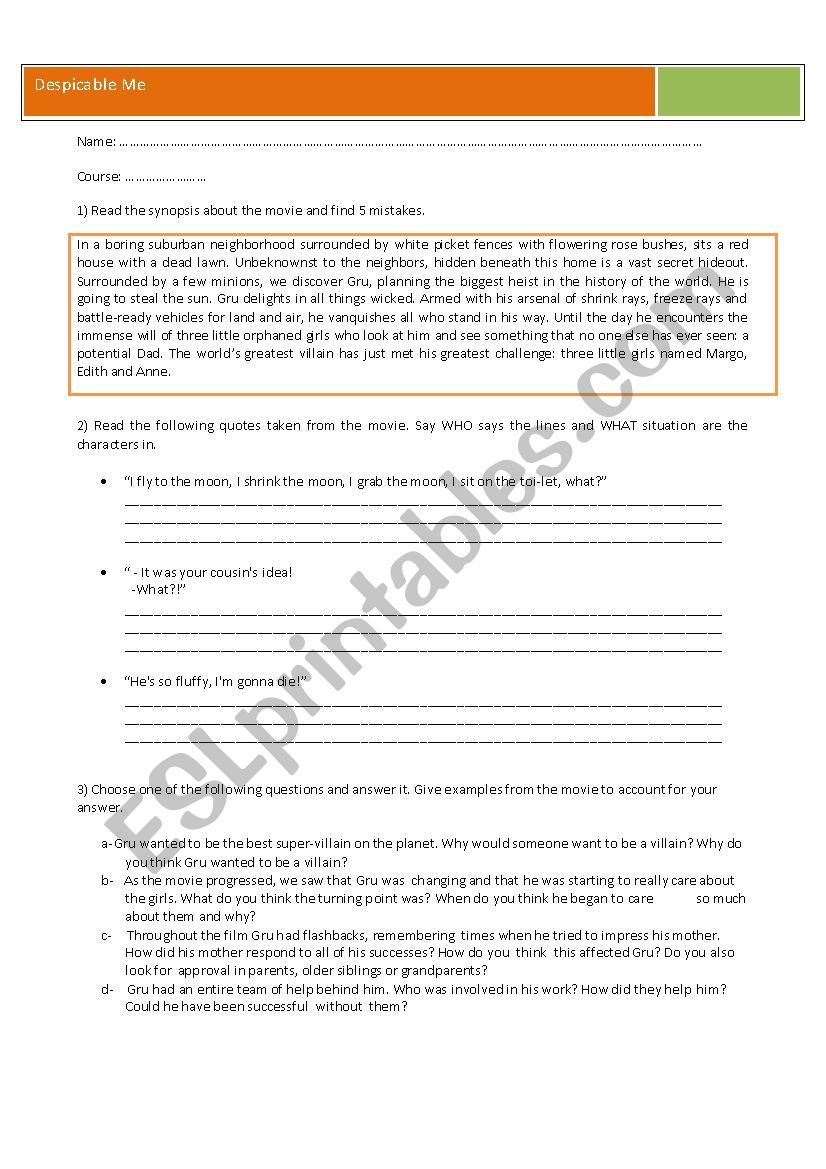 Despicable Me worksheet