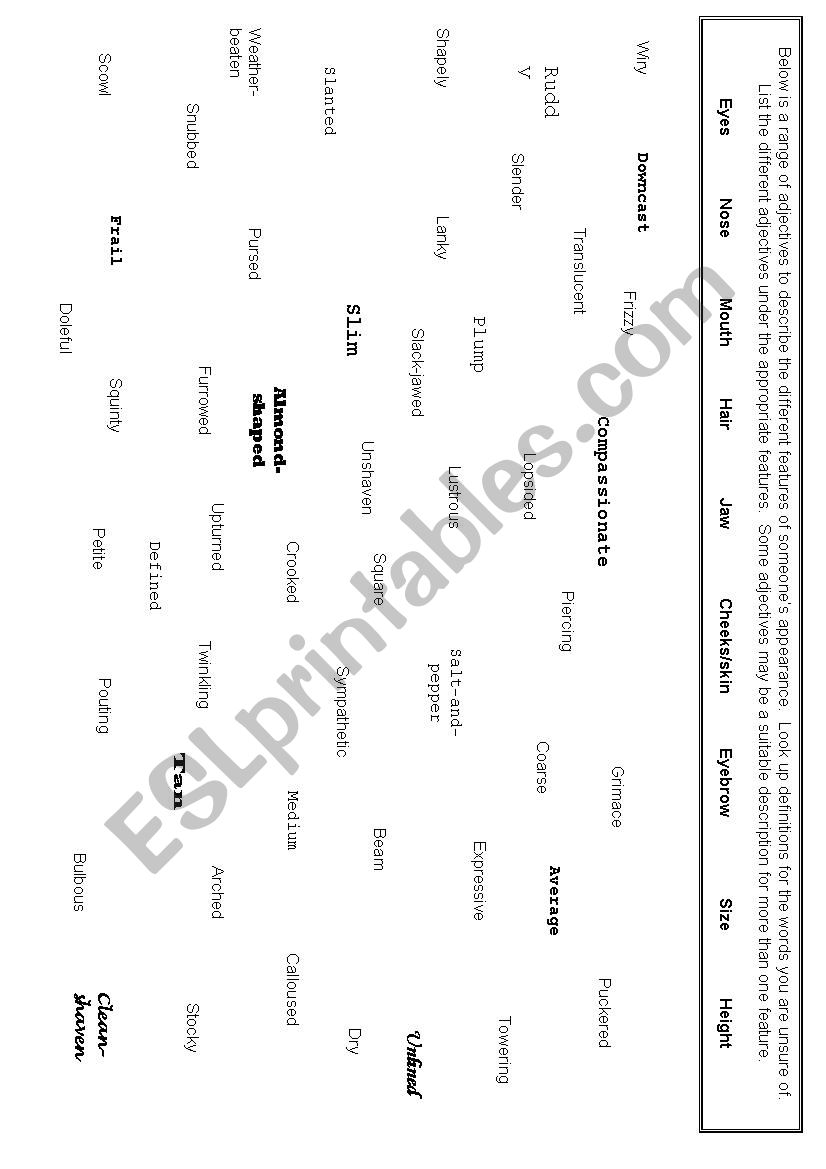 DEscribing the Appearance worksheet