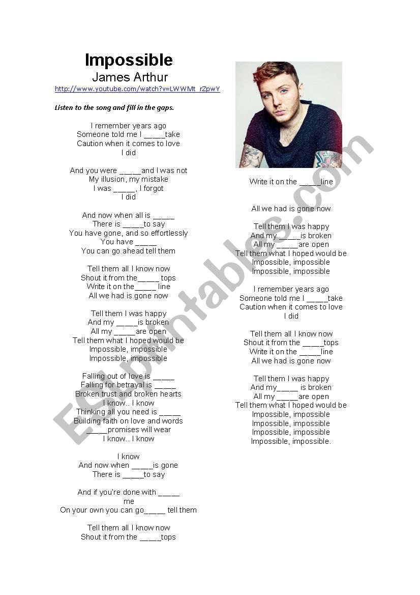 Impossible by James Arthur worksheet
