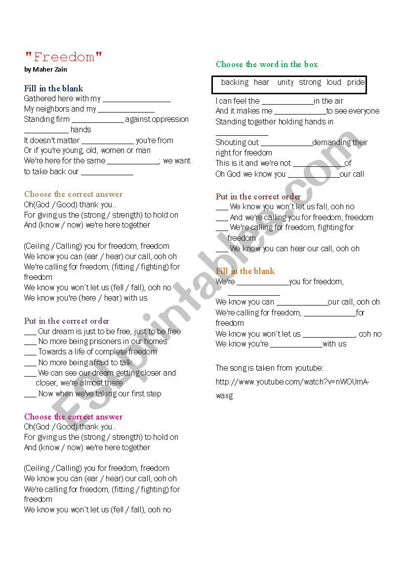 Freedom by Maher Zain worksheet