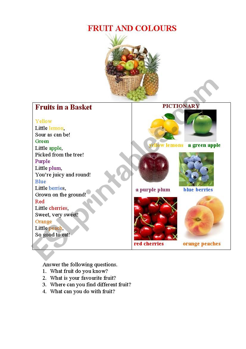 FRUIT IN A BASKET (a poem+ a pictionary + questions) for kids