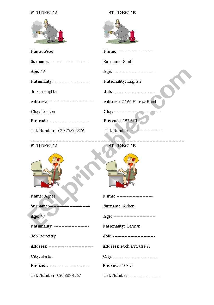 Pair-work activity 3 - Personal Information