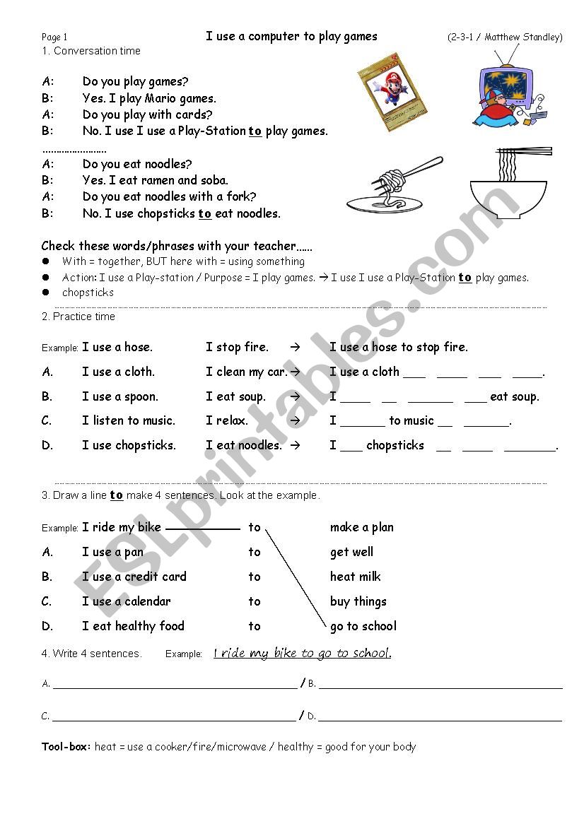 I use a Playstation TO play games (purpose, objective) pre-intermediate