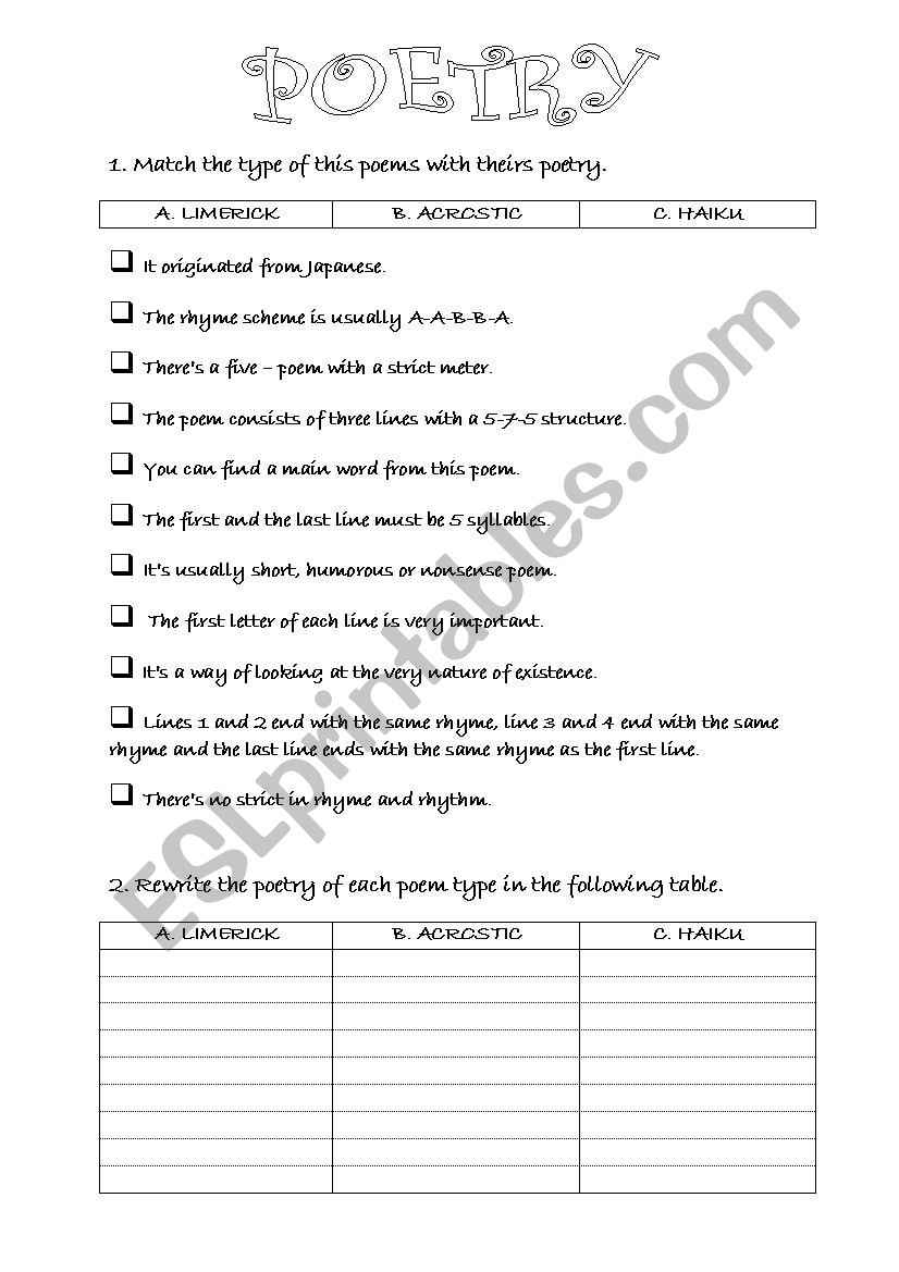 poetry worksheet