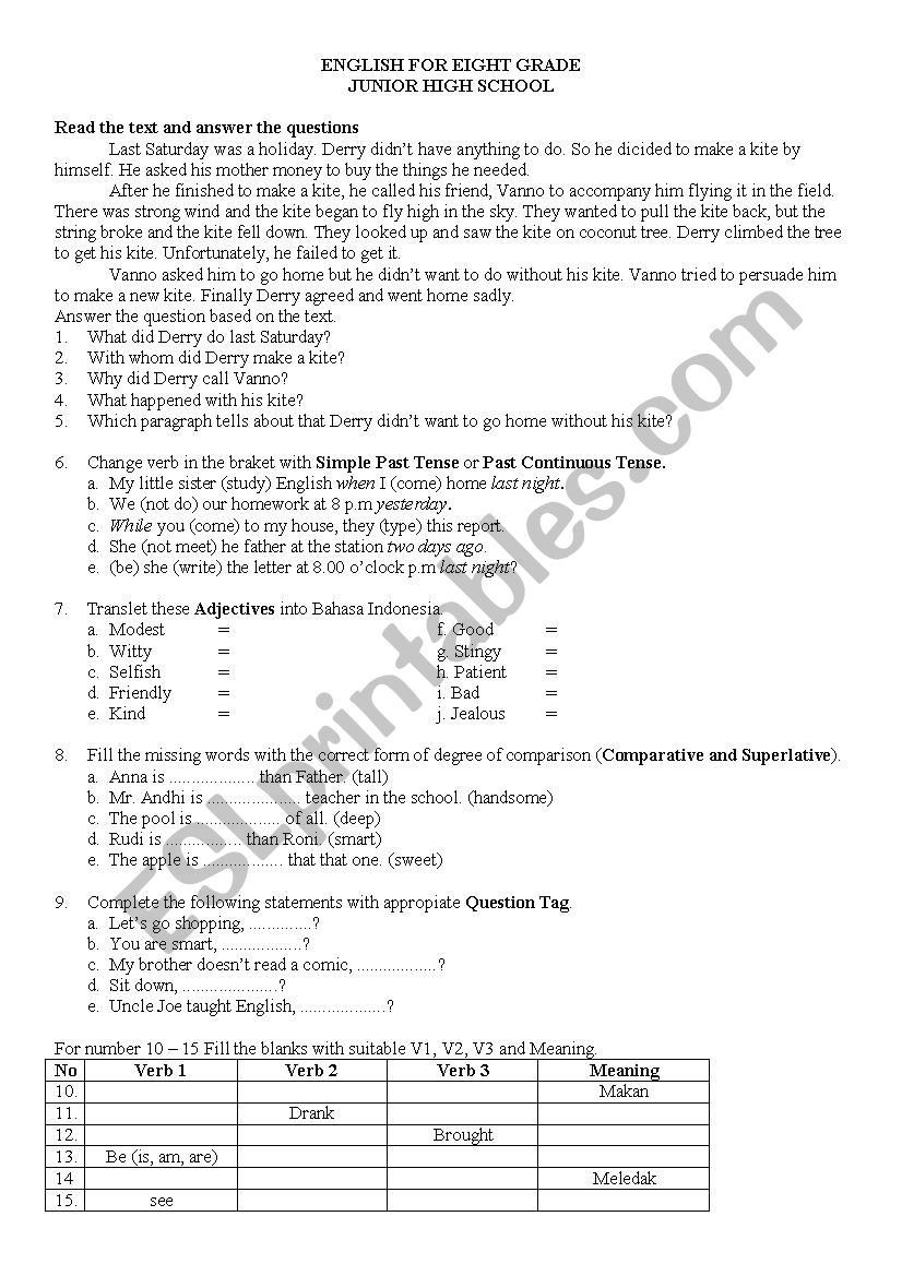 exam for 8th grade worksheet