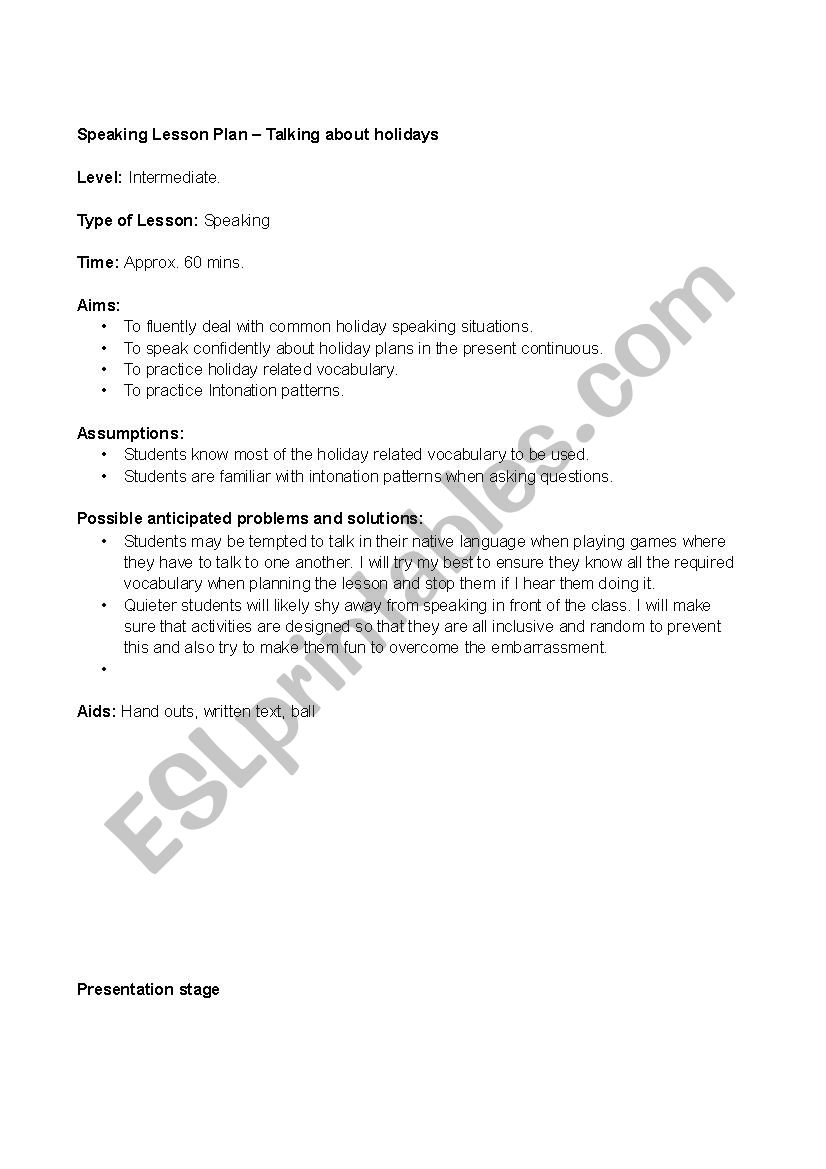Speaking Lesson Plan – Talking about holidays