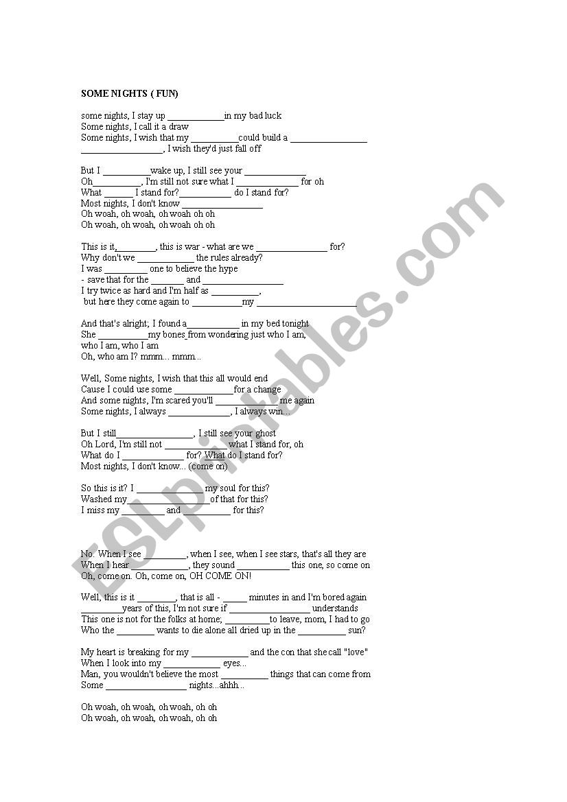 Music - Some nights worksheet