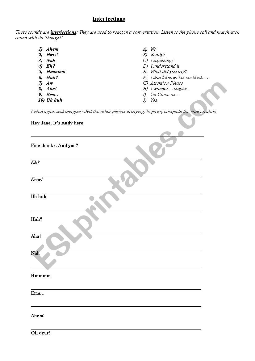 Conversational Interjections worksheet