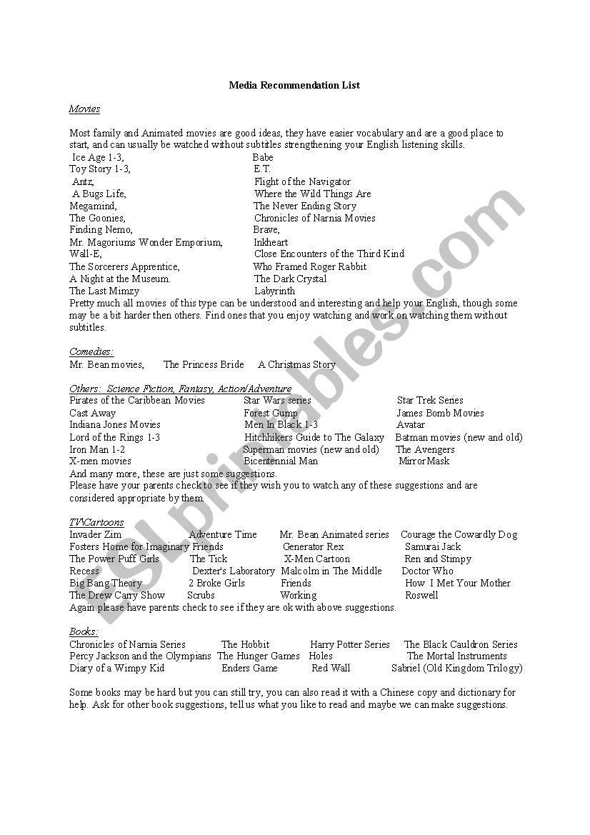 Suggested English Media List  worksheet