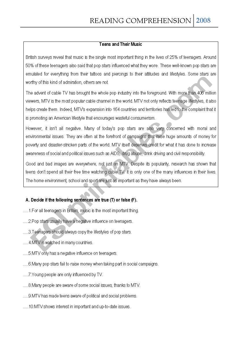 Teens and their music worksheet