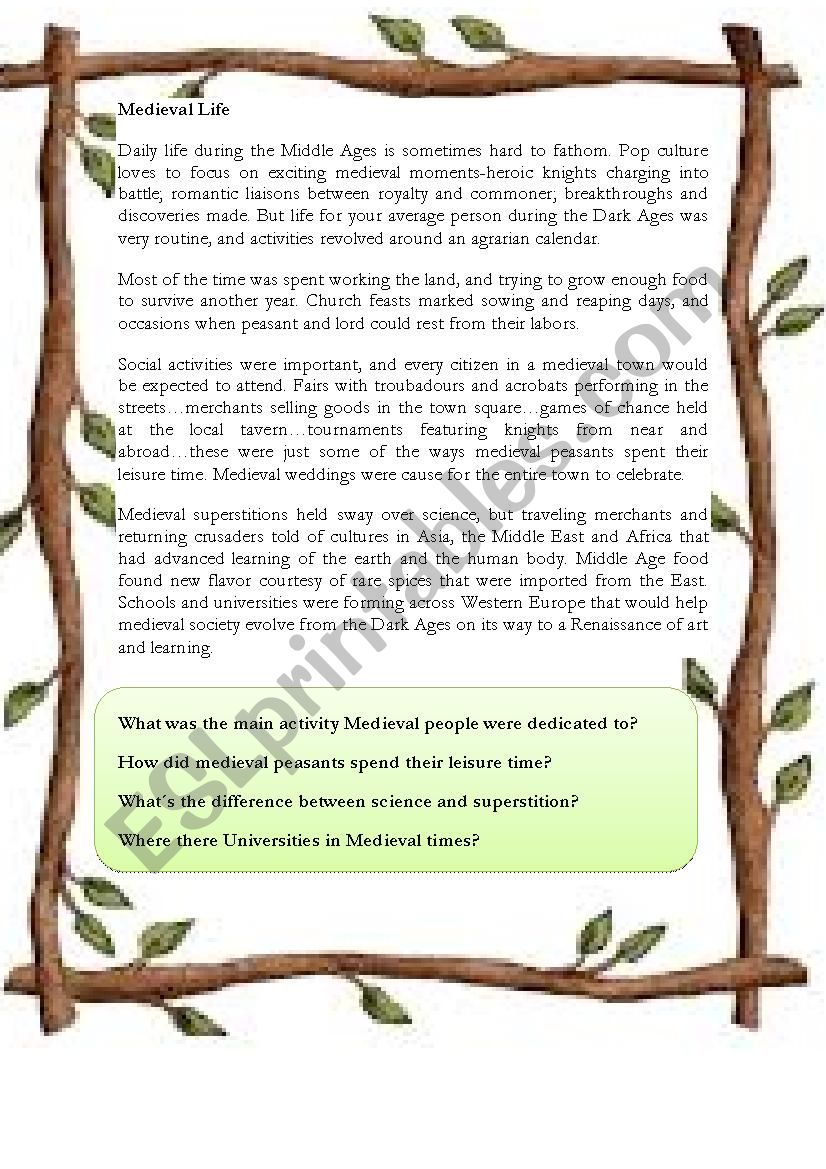 Medieval life worksheet