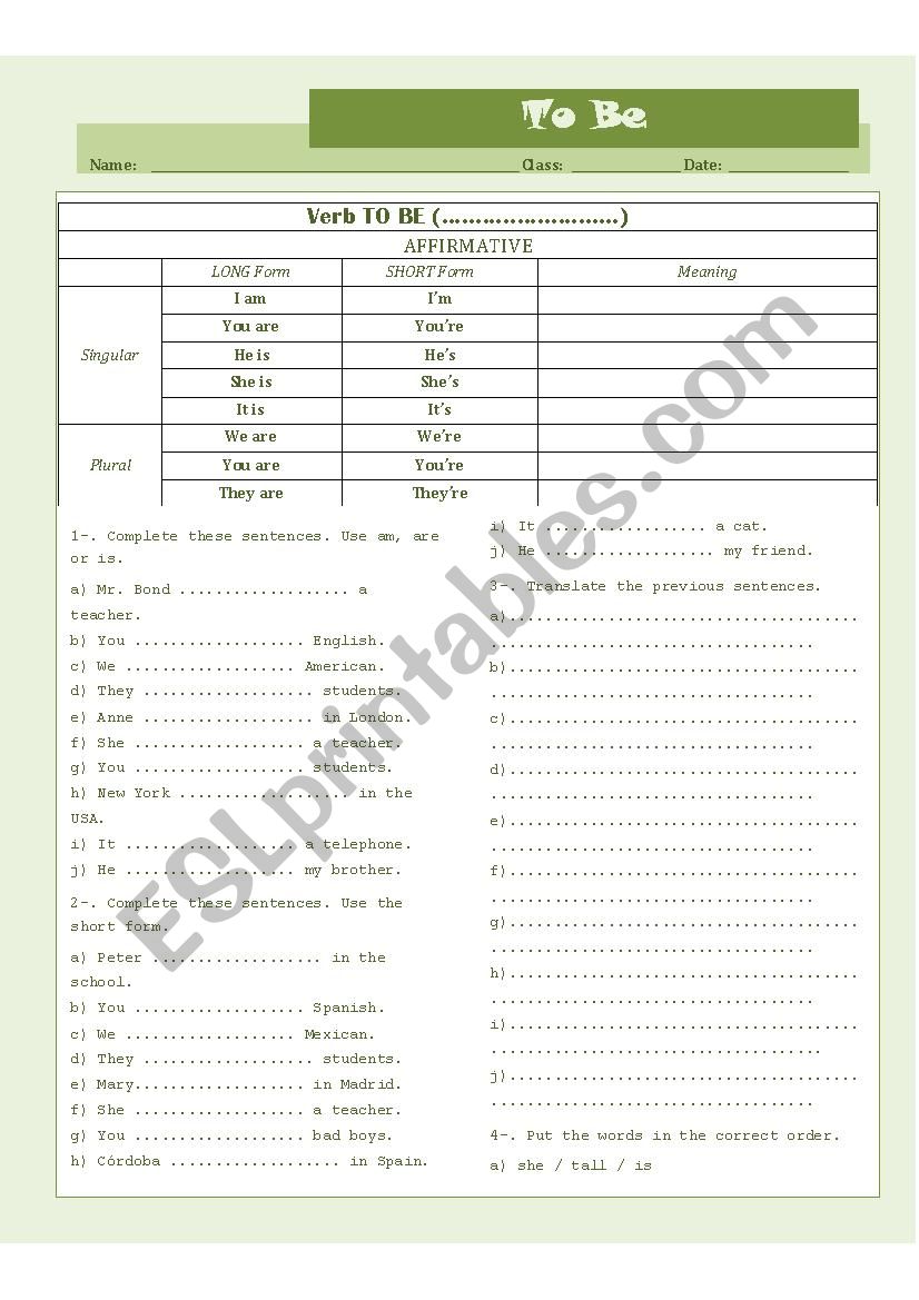 To Be Affirmative Form worksheet