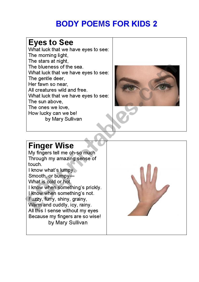 BODY PARTS POEMS for kids 2  worksheet