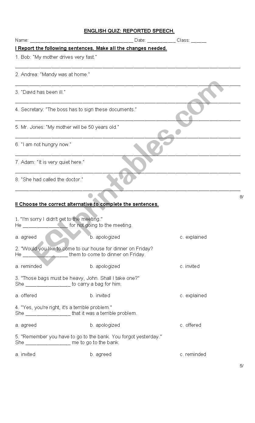 reported speech quiz worksheet
