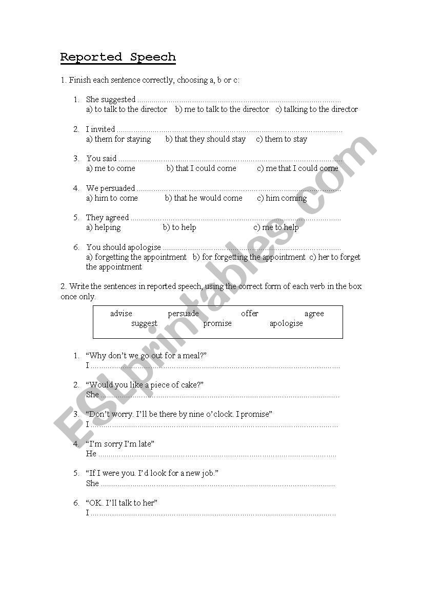 Reported Speech - exercises worksheet