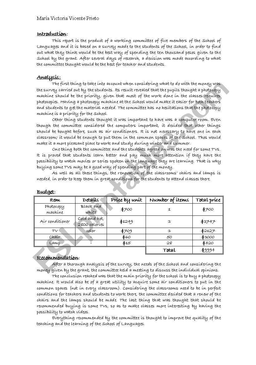 Recomendation report worksheet