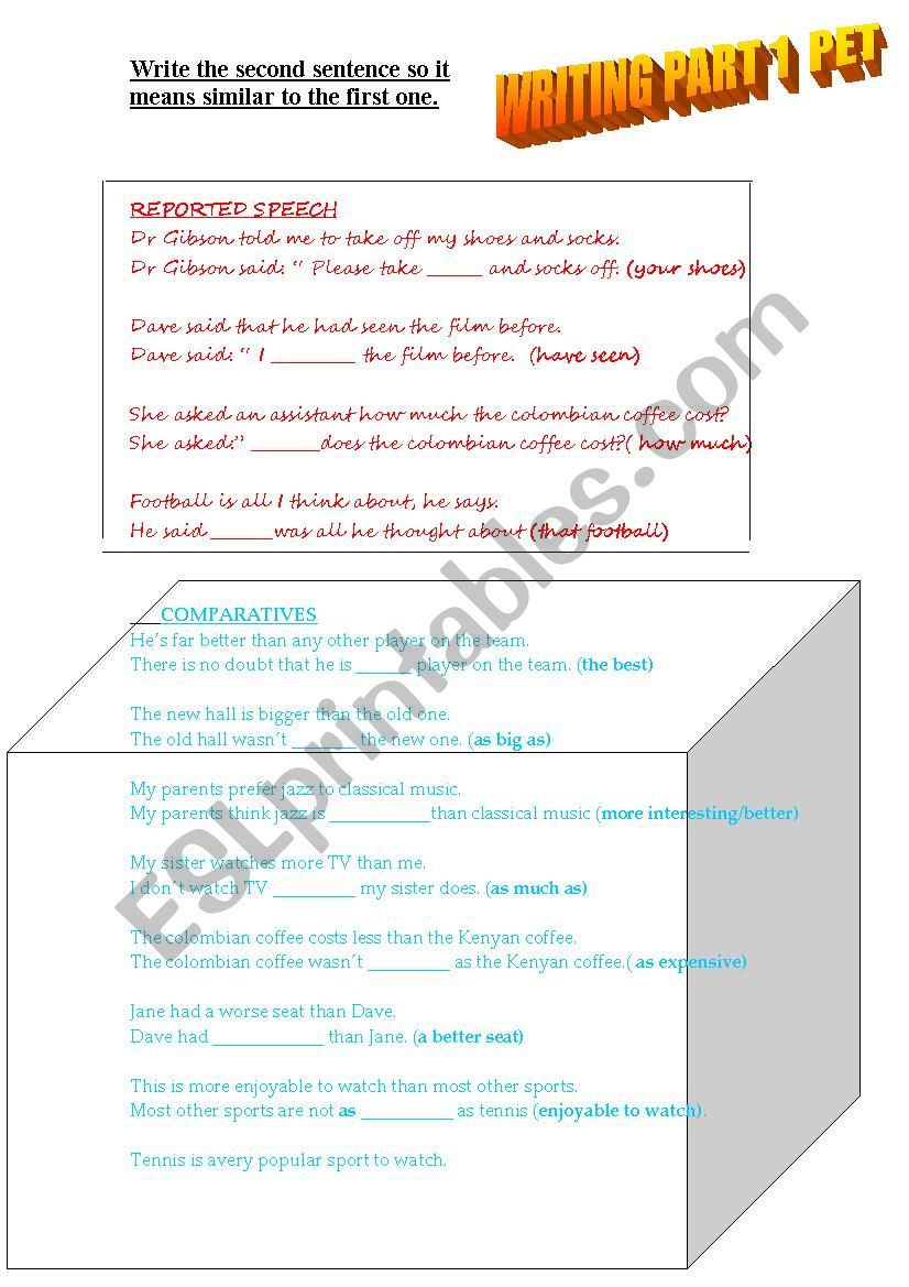 WRITING PART 1 PET EXAM worksheet