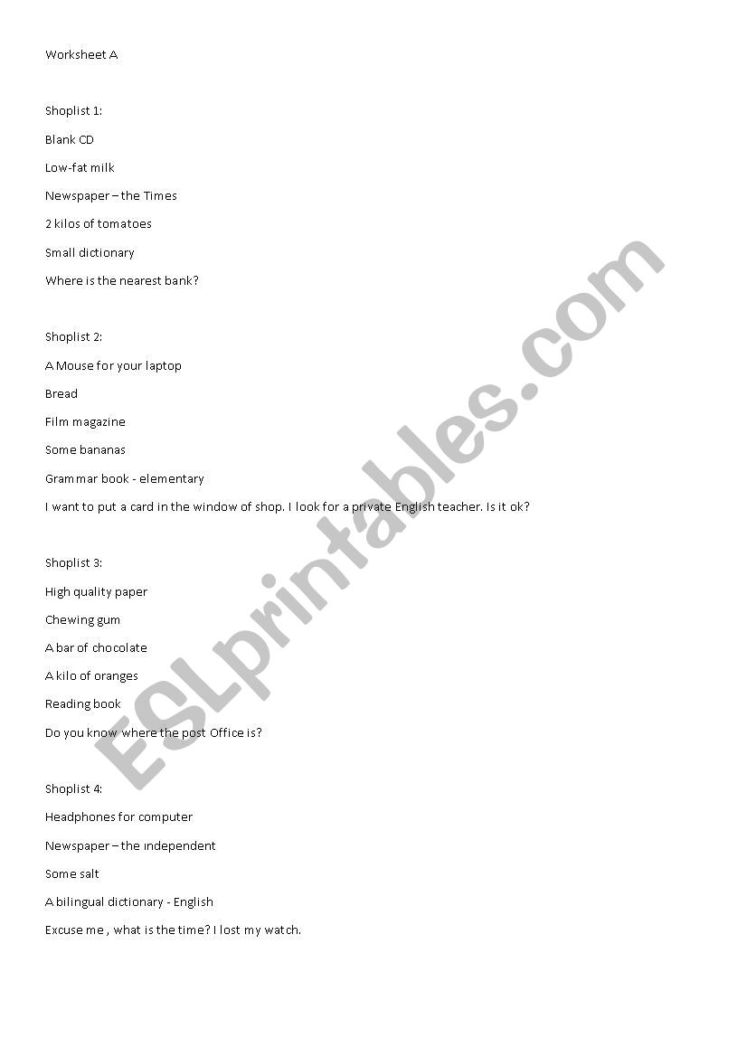 shopping role play card worksheet