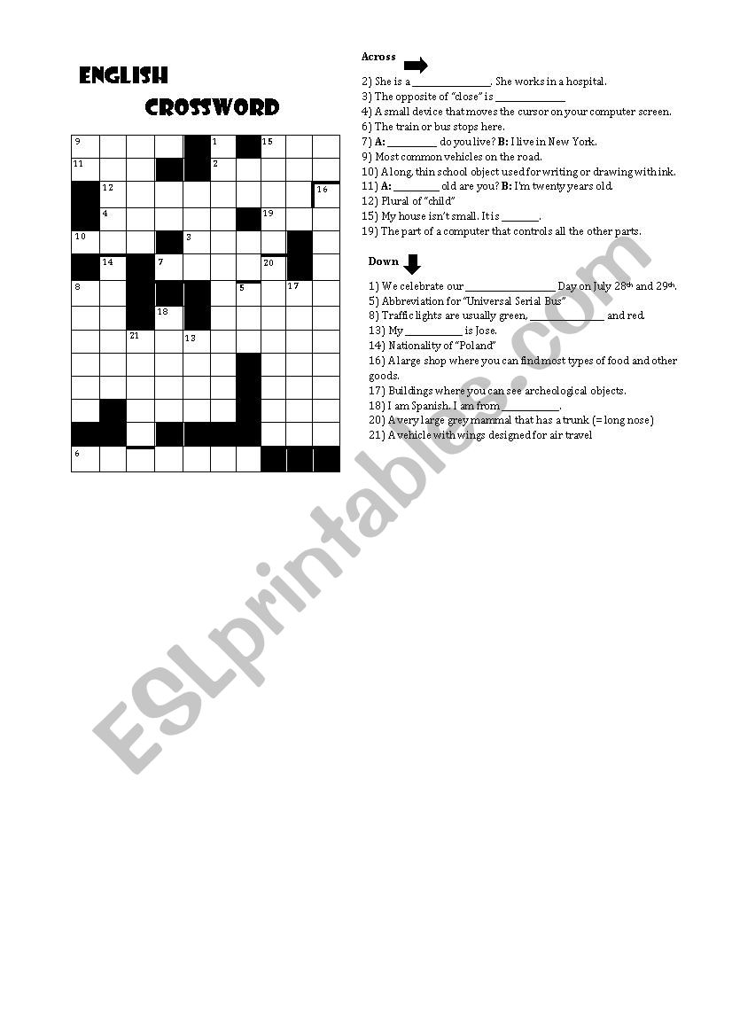 English crossword worksheet