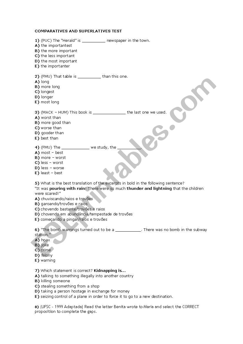 Comparatives and superlatives worksheet