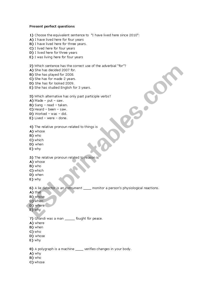 Present perfect  worksheet