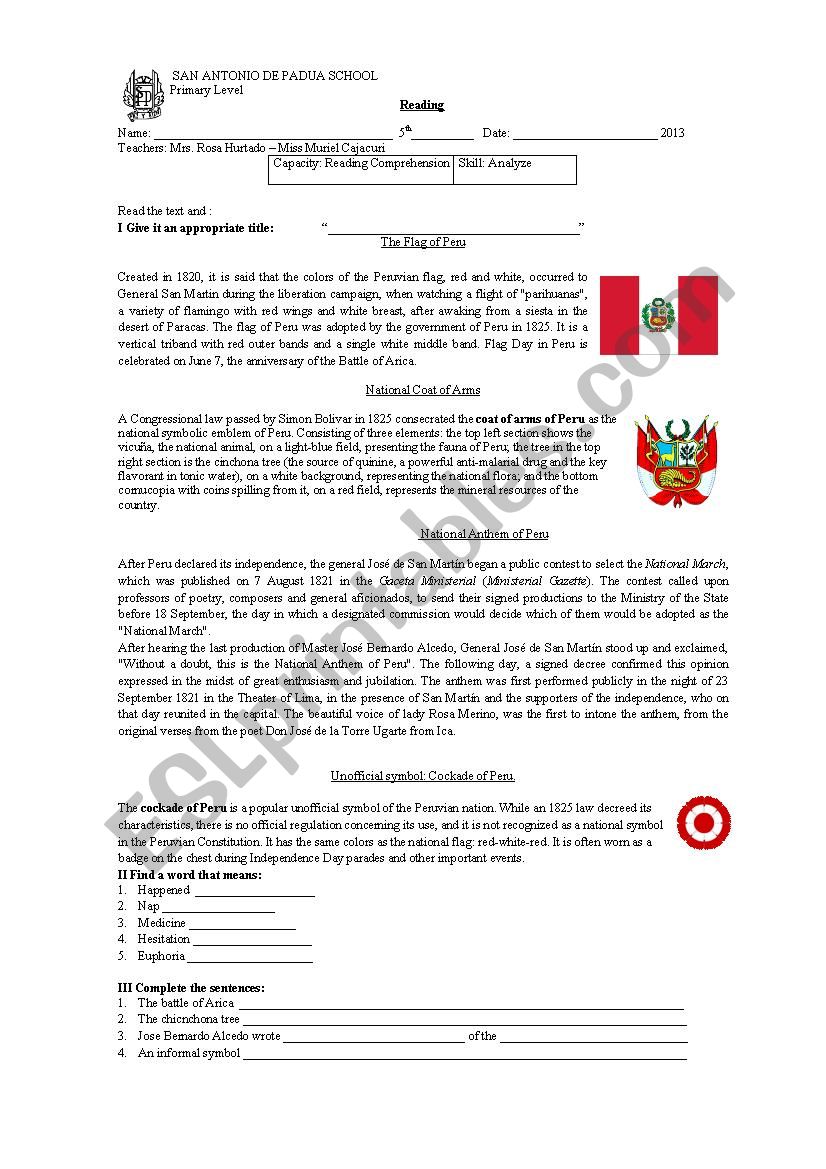 national symbols of peru worksheet