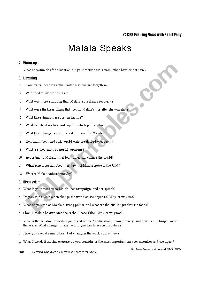 Young Pakistani Hero Malala worksheet