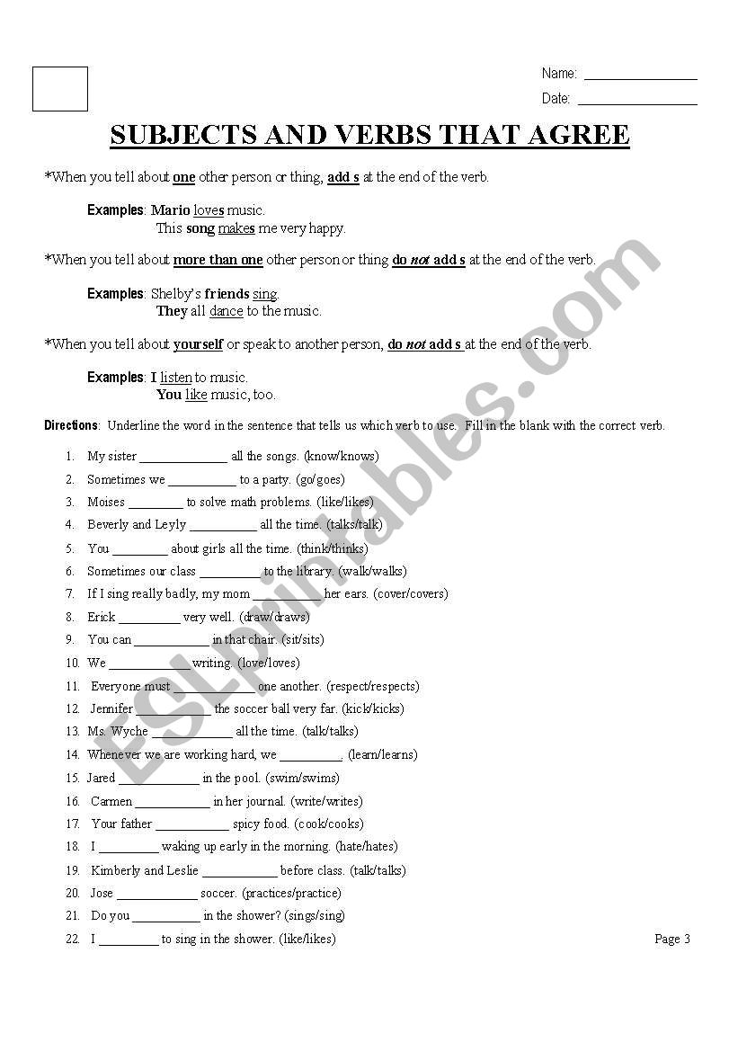 Subject Verb Agreement worksheet