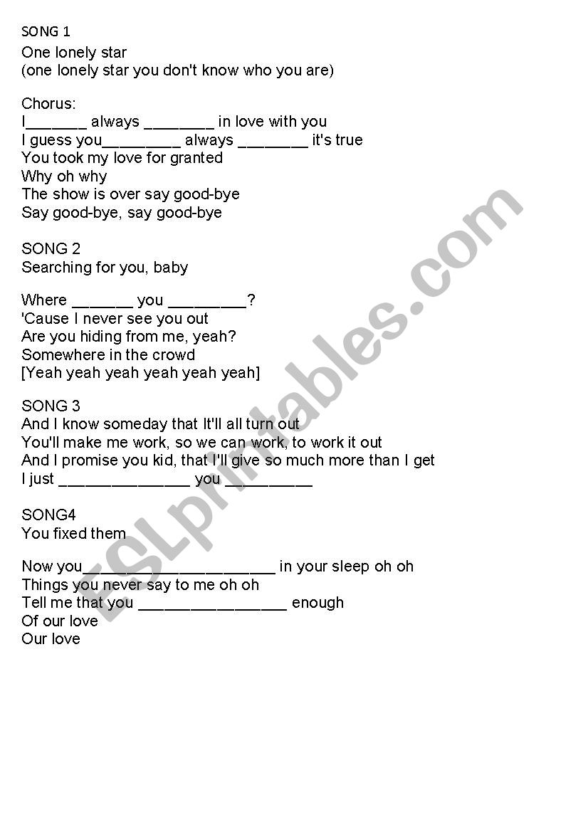 Present perfect through songs worksheet