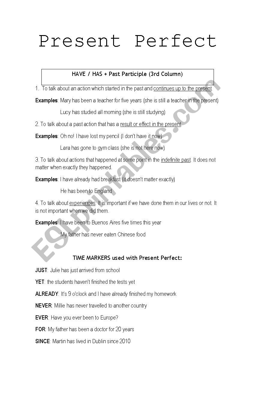 Present Perfect Theory worksheet