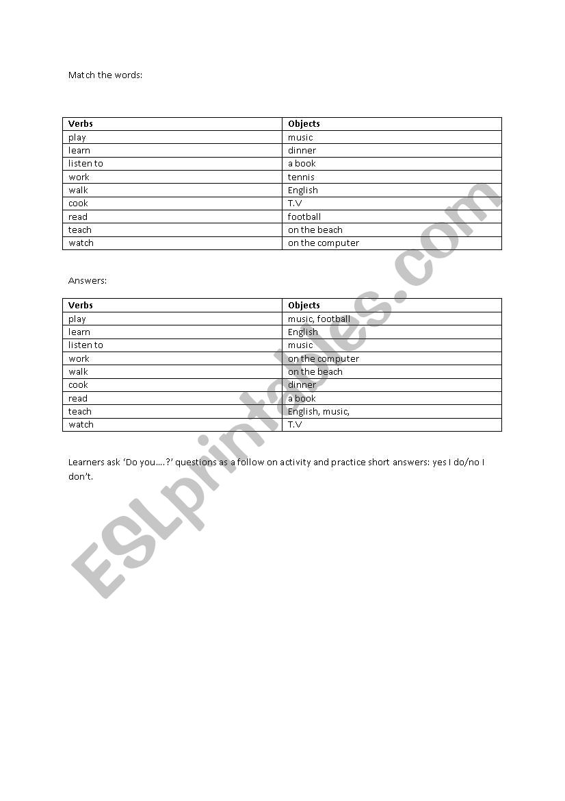 Beginner Collocations worksheet