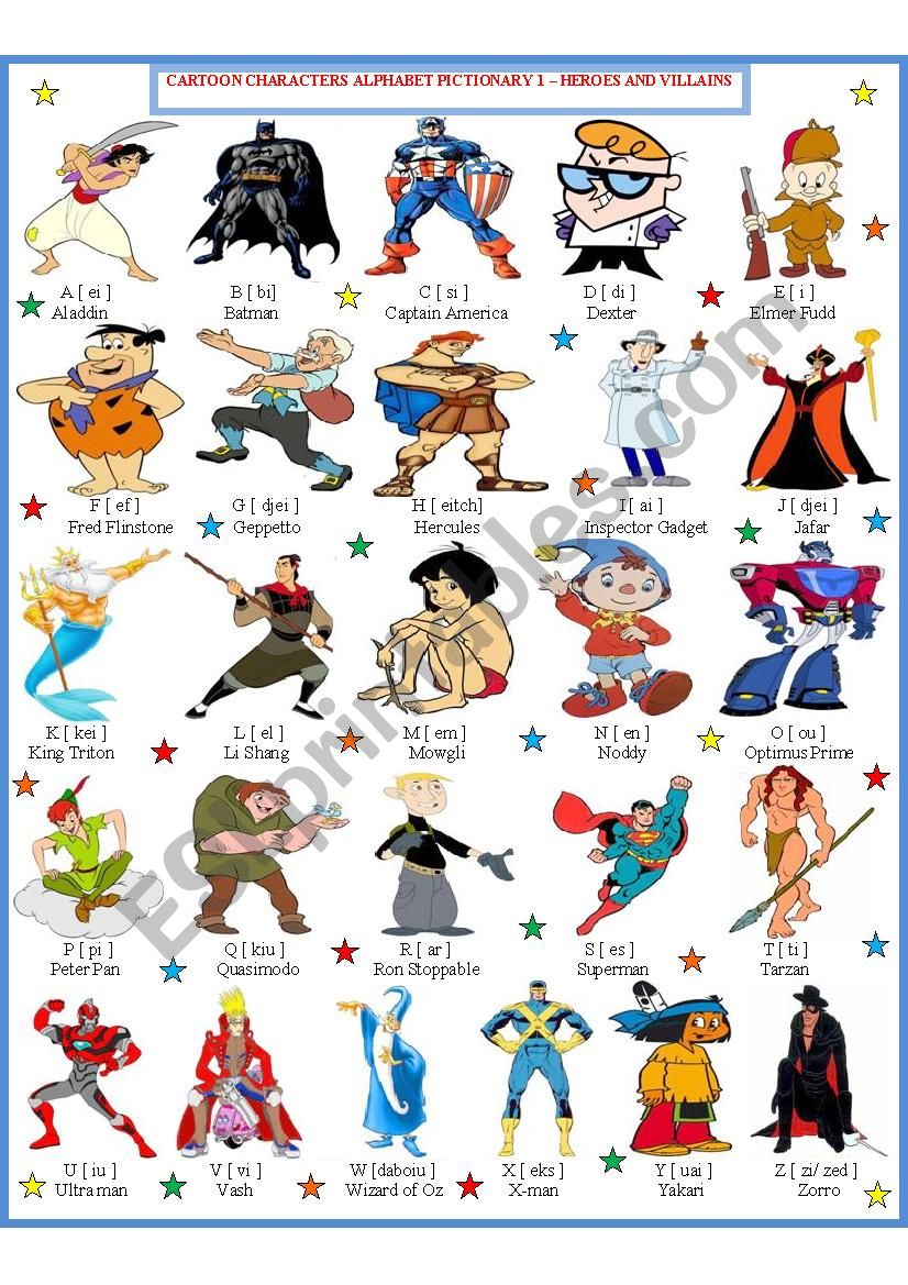 Cartoon Character Pictionary 1 - Heroes - ESL worksheet by INNAina