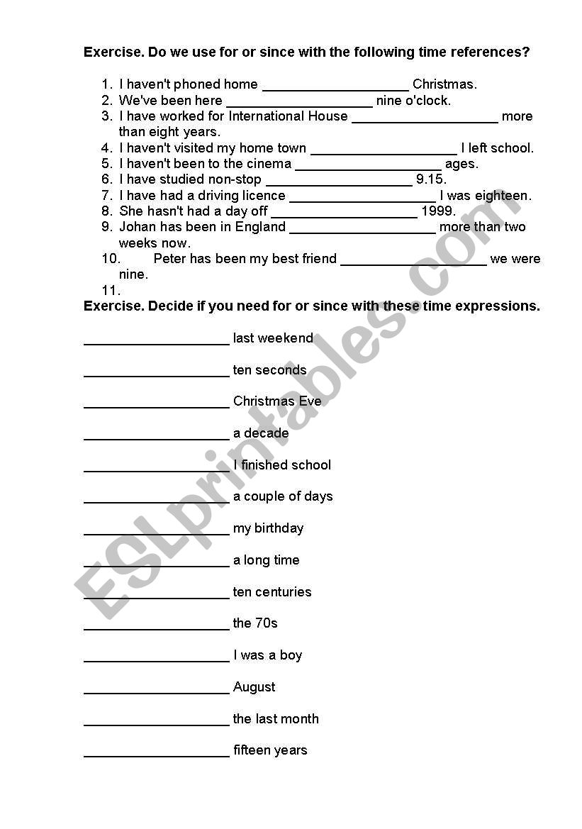 For and Since practice worksheet