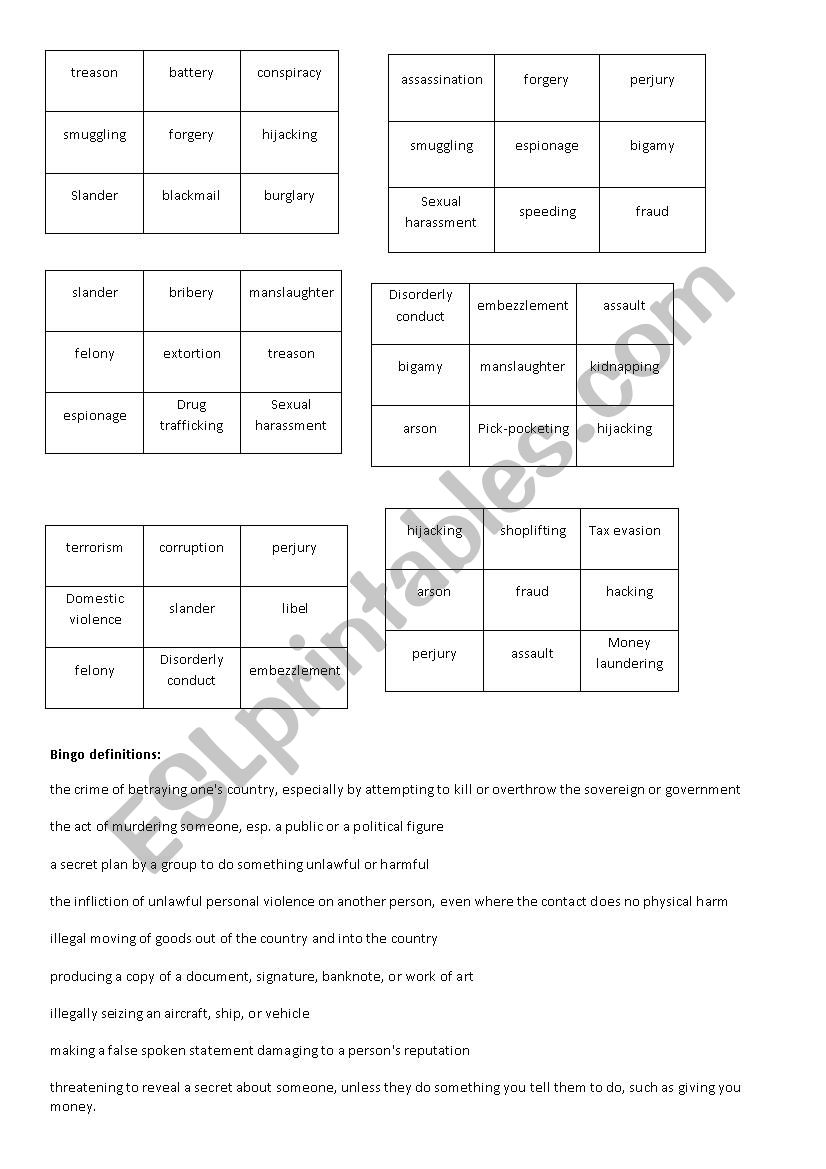 bingo game crime types and their definitions