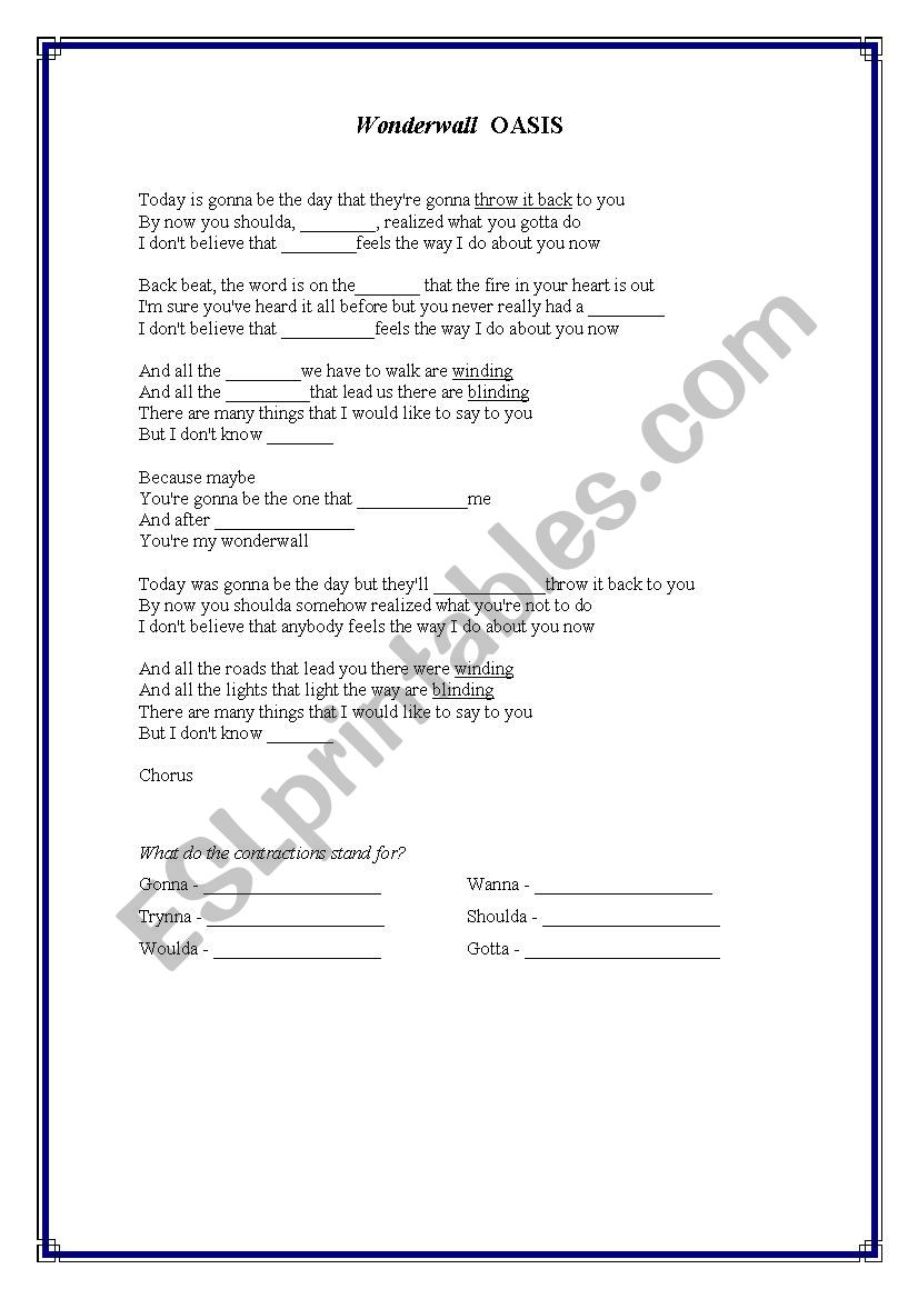 Oasis Wonderwall worksheet