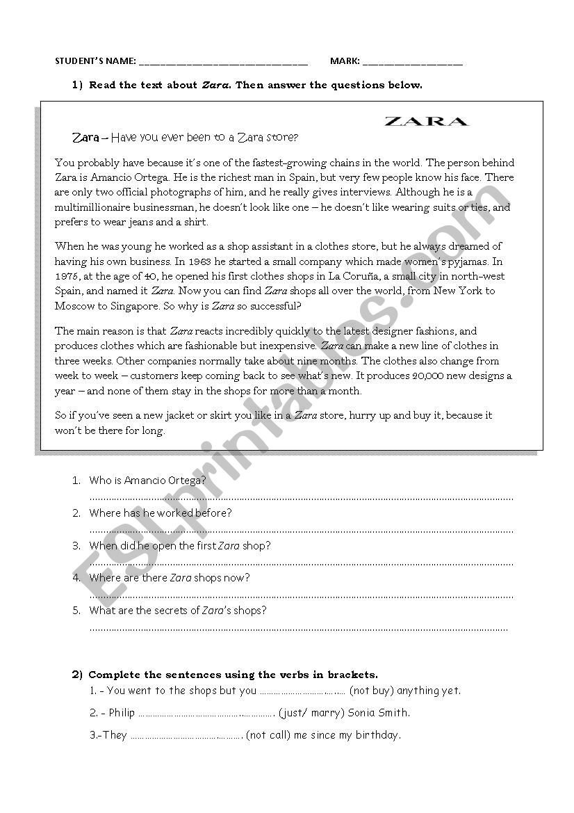 A2 exam worksheet