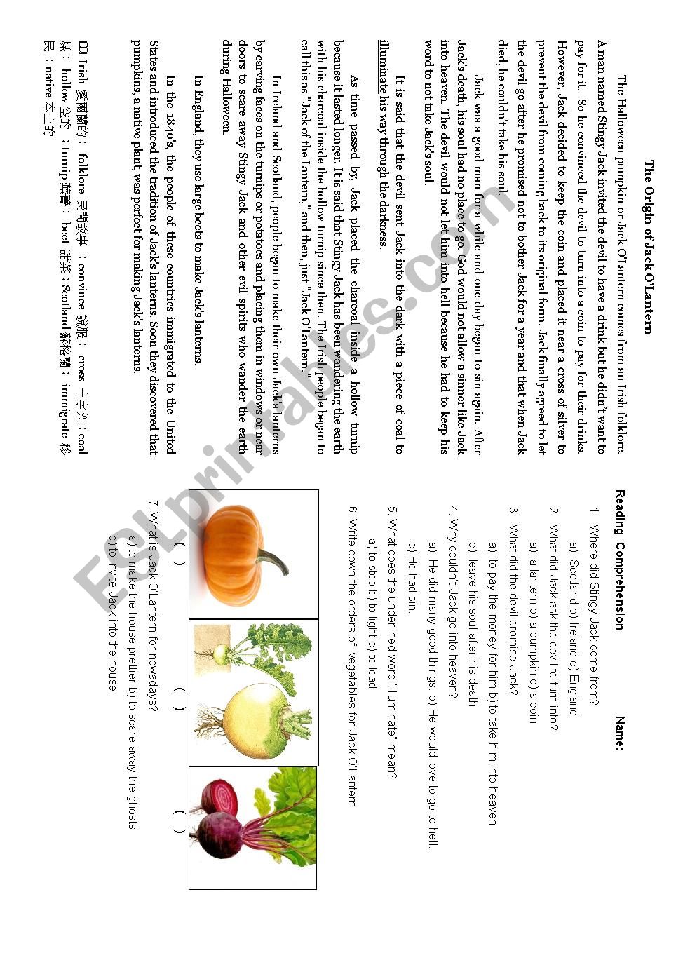 The Origin of Jack OLantern worksheet